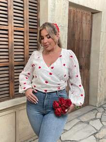 Franclia Blusa casual de manga larga con escote en V y estampado de corazón para tallas grandes