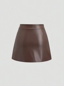 Sweetra Women's Brown Leather Mini Skirt With Side Slits And Ruched Detailing - Coffee Brown - View 2