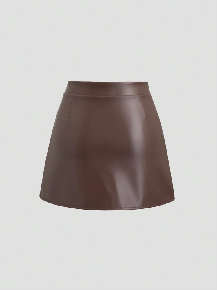 Sweetra Women's Brown Leather Mini Skirt With Side Slits And