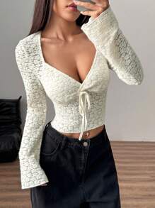 Flirla Lace Knit Sexy Form-Fitting Comfortable Women Long Sleeve Top, Versatile European & American Style