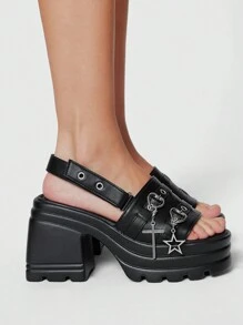 ROMWE Grunge Punk Women's Black Round Toe Wedge Platform Gothic Punk Buckle Cross Star Comfortable Sandals - Black - View 1