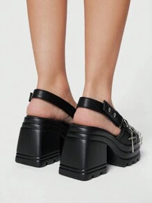 ROMWE Grunge Punk Women's Black Round Toe Wedge Platform Gothic Punk Buckle Cross Star Comfortable Sandals - Black - View 4