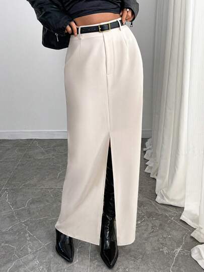 INAWLY Falda sencilla casual con abertura de color liso para mujeres