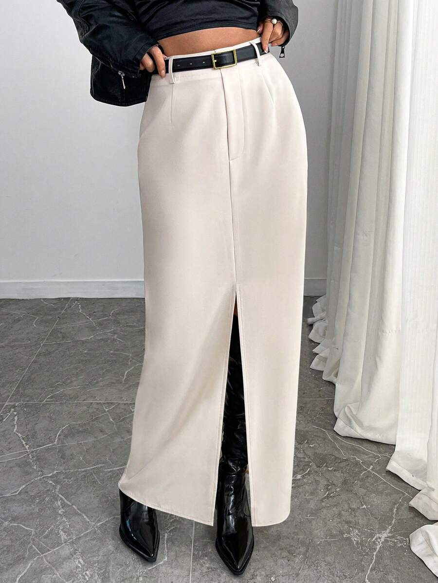 INAWLY Women Plain Color Slit Simple Casual Skirt - Apricot - View 1