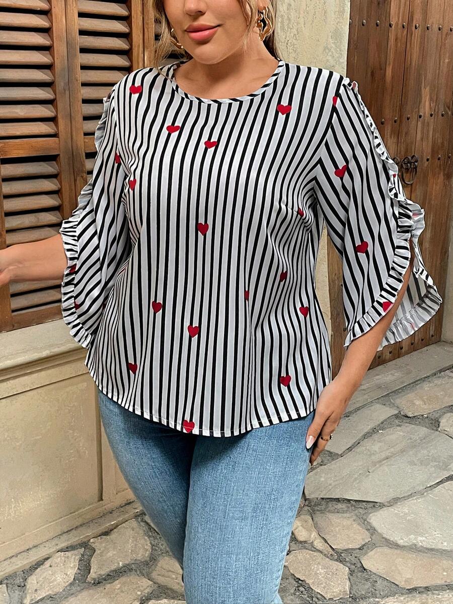 Flirla Plus Size Striped Heart Print 3/4 Sleeve Ruffled Crew Neck Blouse,Valentine - Black and White - View 1