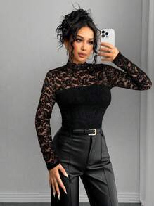 Chiquease Women French Elegant Lace Long Sleeve T-Shirt, Minimalist Fashion Casual For Daily Wear Fall Cloth For Women