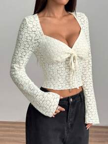 Flirla Lace Knit Sexy Form-Fitting Comfortable Women Long Sleeve Top, Versatile European & American Style