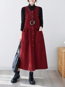 Autumn/Winter Casual Solid Color Double Pocket Front Button Sleeveless Dress - Red - View 1