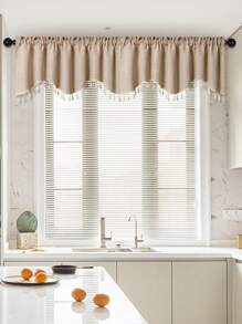 1pc Beige S-Shaped Tassel Curtain/Valance, Flax-Like Material, Partition Curtain For Window/Door Decor, Suitable For Party, Living Room, Bedroom