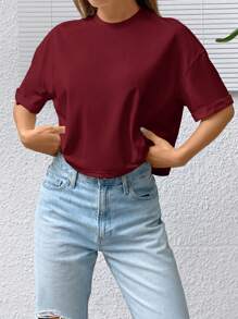 SHEIN EZwear Camiseta de verano casual blanca oversize de hombros caídos y de corte corto para mujer