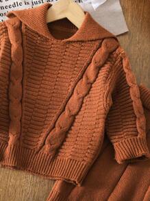 SHEIN Simple Solid Color Textured Chunky Knit Sweater Set For Young Girls, Suitable For Wearing In Autumn/Winter, Especially For Going To School - Khaki - View 3