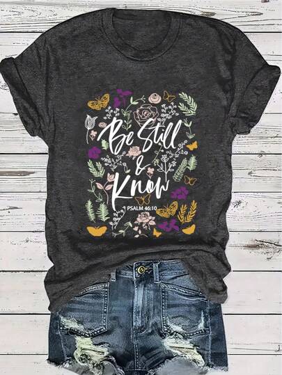 INAWLY Plus Size Women's Butterfly Print Short Sleeve T-Shirt With Slogan Be Still Know PSALM 4610 Women Graphic Tee Top For Summer