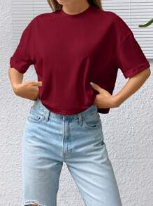 SHEIN EZwear Camiseta de verano casual blanca oversize de hombros caídos y de corte corto para mujer