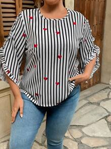 Flirla Plus Size Striped Heart Print 3/4 Sleeve Ruffled Crew Neck Blouse,Valentine - Black and White - View 3