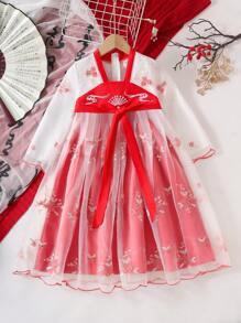 SHEIN Vestido cheongsam estilo chino bordado para niña, vestido largo retro chino, adecuado para uso diario, baile de graduación, fiesta, actuación, primavera/verano