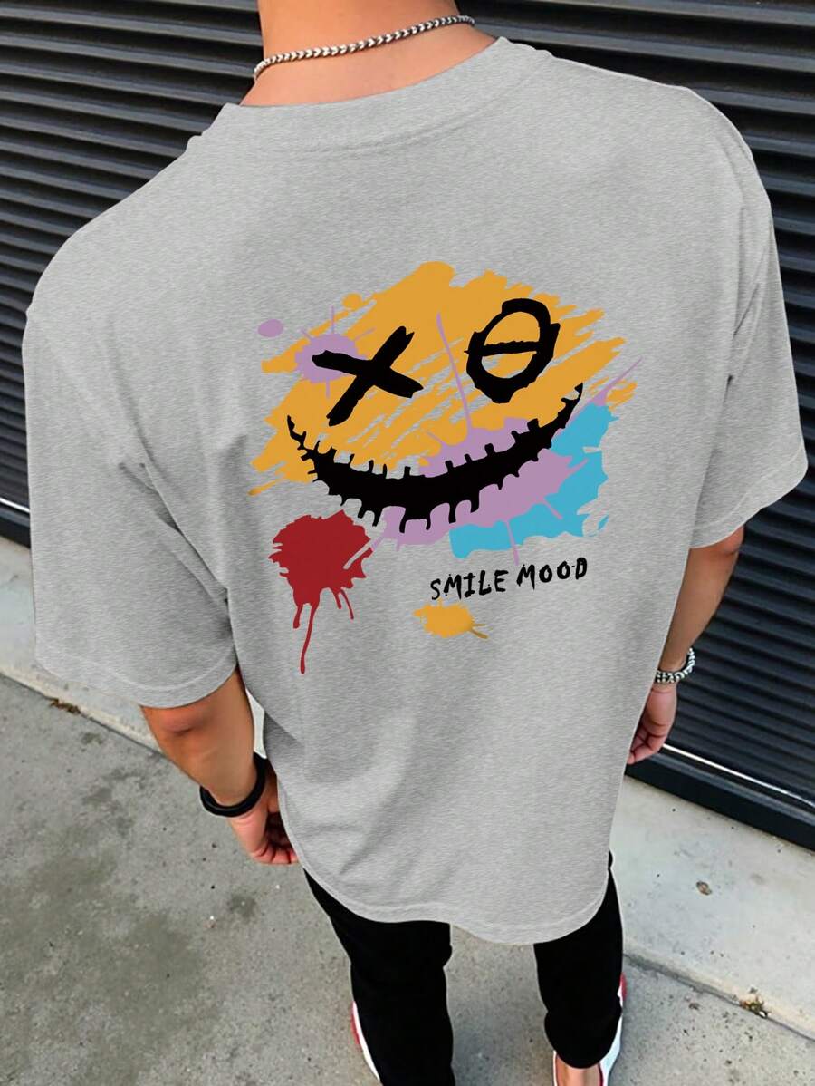 Manfinity Hypemode Men's Round Neck Short Sleeve Printed Casual Top - Light Grey - View 1