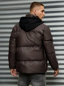 SHEIN Cottnline Men's Basic PU Fabric Thermal Lined Hoodie, Slim Fit Padded Coat - Brown - View 2