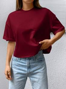 SHEIN EZwear Camiseta de verano casual blanca oversize de hombros caídos y de corte corto para mujer