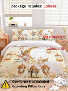 3 pièces Ensemble de housse de couette avec lanterne fleur et lune, comprend : 2 taies d'oreiller + 1 housse de couette zippée (sans insert/rembourrage), 100% polyester, doux et agréable pour la peau, convient pour la chambre, le dortoir, le camping et les vacances, toutes saisons - Multicolore - Voir 2