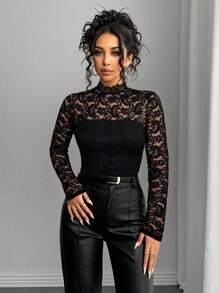 Chiquease Women French Elegant Lace Long Sleeve T-Shirt, Minimalist Fashion Casual For Daily Wear Fall Cloth For Women