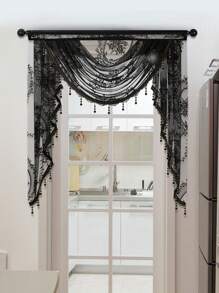 1pc Black Lace Heavy Curtain, Sweet Style With Exquisite Floral Ruffle Edge And Curtain Heading, Suitable For Living Room And Bedroom Windows/Doors Decor, Christmas Home Decor,Fall Decor,Autumn Decor,Room Decor - Black - View 5