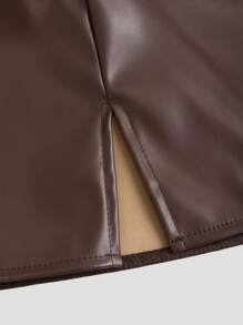 Sweetra Women's Brown Leather Mini Skirt With Side Slits And Ruched Detailing - Coffee Brown - View 4