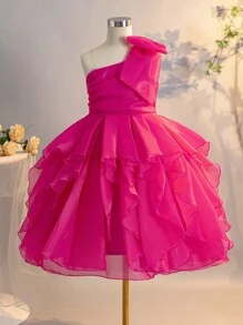 SHEIN Tween Girls' Exaggerated Ruffle One Shoulder Bow Organza Dress - Hot Pink - View 3
