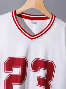 Tween Boy Casual Academy Style Comfortable & Fashionable Versatile Cute Soft Set - Colorblock V-Neck Short Sleeve T-Shirt & Shorts, Practical For Daily, School, Commute, Sports, Spring/Summer - Red - View 3