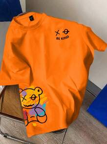 Manfinity Homme Camiseta casual de manga corta y cuello redondo con estampado de oso para hombres, para uso diario - Naranja - Ver 2