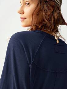 Bohemela Maglietta lunga da donna ampia, manica a raglan, collo a giro, maniche lunghe, in maglia tinta unita per vacanza - Blu - Visualizzare 6