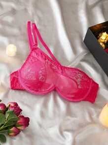Valentine's Day Sexy Glamorous Charming Asymmetrical Floral Lace Sheer Patchwork Fuchsia Women's Lingerie Bra