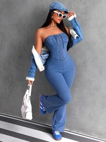 SHEIN ICON 女士交叉紧身修身喇叭牛仔连身裤 - 中等水洗藍 - 查看 5