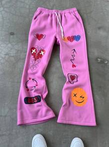 Manfinity EMRG Men's Street Fashion Casual Pants, Flared Bottom Graphic Print Sweatpants,Street Boys And  Fashionable Pair Of Elastic Tight-Waisted Mini Pants, Heart-Shaped Cartoon Pattern Print Design For Autumn And Winter Clothing,Perfect For Valentine's Day Couple Matching And Suitable For New Year Anniversaries.