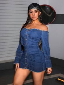 SHEIN ICON Women's Front Button Long Sleeve Off Shoulder Fringe Hem Casual Short Denim Dress
