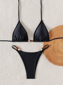 Swim Vcay Springbreak Solid Color Asymmetric Pearl Decor Halter Bikini 2pcs Set, Sexy Beach Vacation For Summer - Black - View 4