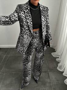 EURMUSE Leopard Print Suit Blazer And Pant Set Effortless Chic - Grey - View 4