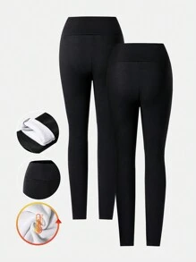 Set de 2 mallas de cintura alta con elástico grueso de unicolor, cálidas