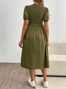 SHEIN Puff Sleeve Fitted Maternity Dress, Elegant Dress - Army Green - View 2