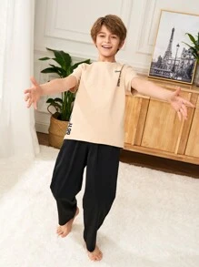 SHEIN Leap Crew 2pcs Tween Boys Casual Minimalist Letter Print Crew Neck Short Sleeve T-Shirt And Pants Loungewear Set - Khaki - View 6