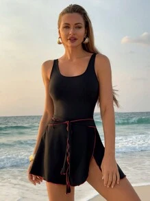 Swim Lushoire 1 件女式撞色饰边休闲连体泳衣，日常穿着，适合夏季海滩度假