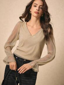 Poéselle 荷叶边袖闪光上衣派对单品 - 杏色 - 查看 1