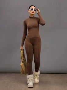 Activina 1 Set Women Stand Collar Long Sleeve Minimalist Top & Full Length Pants, Seamless Activewear Set - Brown - View 5