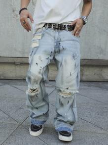 Manfinity EMRG Men's Pocket Ripped Print Simple Denim Jeans, Casual Daily Wear - Light Wash - View 1