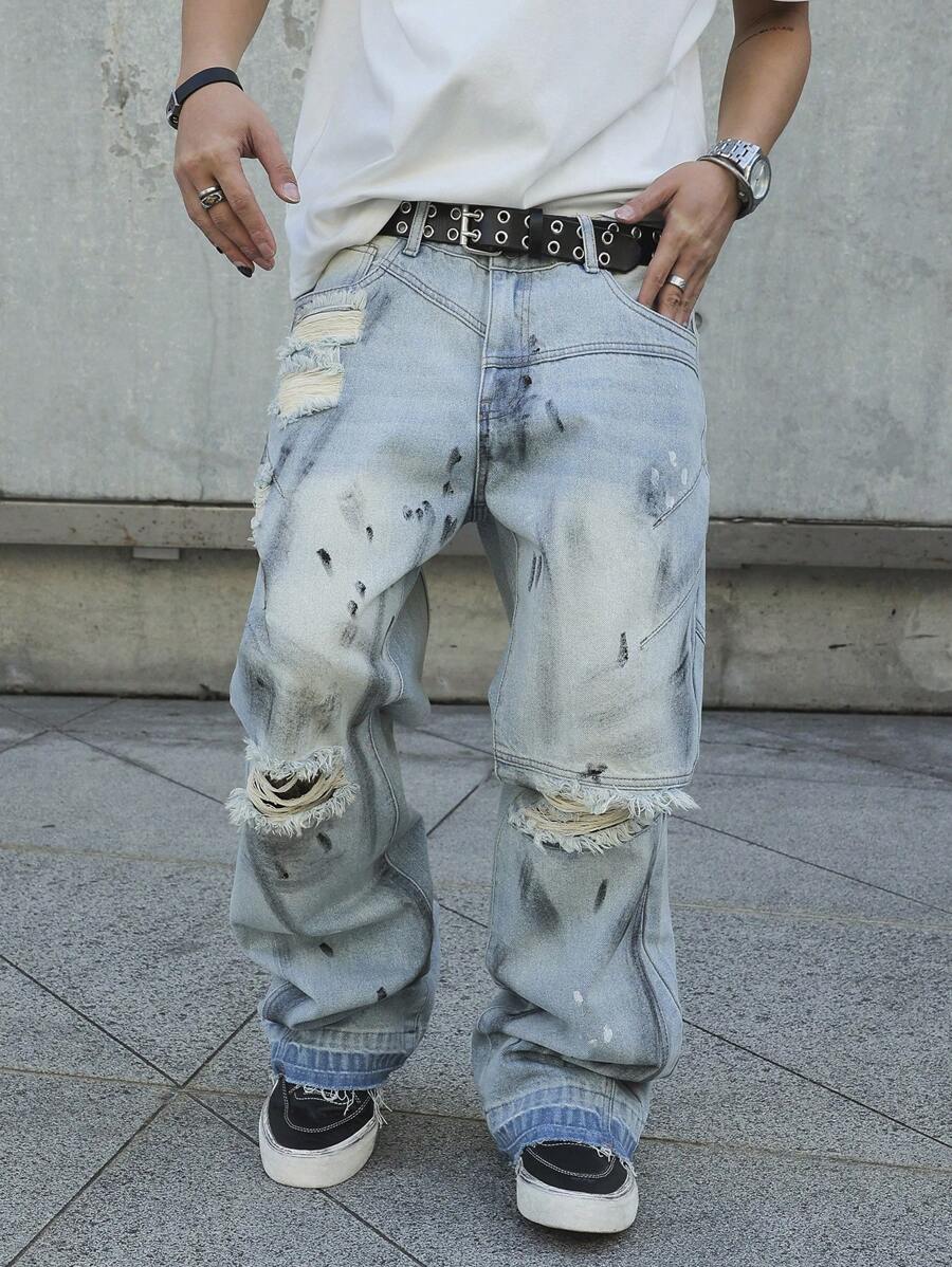 Manfinity EMRG Men's Pocket Ripped Print Simple Denim Jeans, Casual Daily Wear - Light Wash - View 1