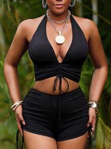 SHEIN Slayr Solid Color Swimwear Crop Top Spaghetti Strap Tankini Beach Outfit, Removable Cup, Sexy For Black People Summer - Black - View 4