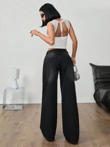 EURMUSE Women's Plain Front Button Pocket Minimalist Casual Long Pants, Daily Wear - Black - View 2