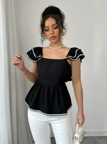 Elenzga 女士露背肩带撞色边饰休闲衬衫 - 黑色 - 查看 5