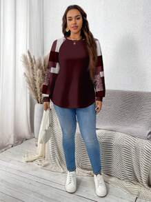 SHEIN LUNE Plus Size Marble Printed Crew Neck Pullover Sweatshirt With Arc Hem And Raglan Sleeves, Suitable For Autumn/Winter