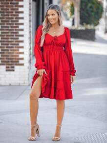 SHEIN LUNE Women's Red Multi-Layer Ruffle Square Neck Crop Top Front Tie Dress,Valentine's Day Dress - Red - View 3