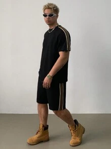 DAZY 2pcs Men's Summer Outfit: Patchwork Contrast Color T-Shirt And Shorts Set - Black - View 4